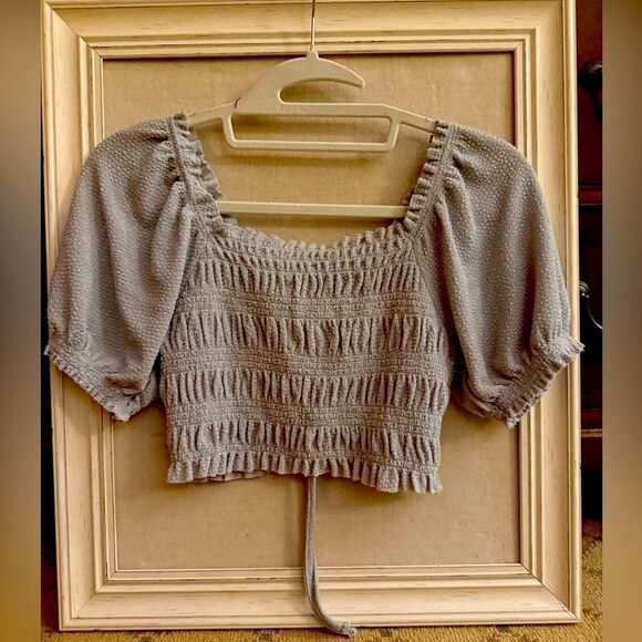 Urban Outfitters silver flecked  cropped top w smocking and puff sleeves S - Picture 2 of 10